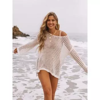 Сплошное белое вязаное накидка с вырезом и длинным рукавом, связанное крючком с боковым разрезом. Модное накидка в стиле отпуска без бикини, женские купальники и одежда. One-size белый