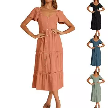 Сплошное цветное повседневное темпераментное универсальное платье с короткими рукавами и U-образным вырезом на пуговицах XL имбирный