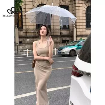 Сплошное цветное трикотажное платье на бретельках, женское летнее корейское стильное новое элегантное длинное платье с плиссированной талией и бедрами XS белый