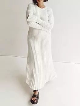 Сплошное цветное вязаное платье с круглым вырезом и длинными рукавами, женское плиссированное тонкое белое длинное платье, женская офисная уличная одежда, Vestido S бежевый