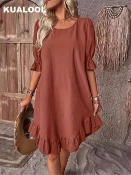 Сплошное платье с половиной рукава, повседневное платье с круглым вырезом на весну, женская одежда S чёрный