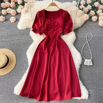 Сплошное платье, женское летнее платье, французское платье с пышными рукавами, облегающее ретро-платье Хепберн со знаменитостями, элитное платье S чёрный