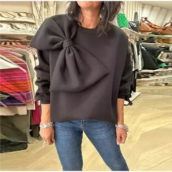 Сплошной бант с круглым вырезом, женский свободный повседневный женский пуловер с длинным рукавом, весенняя мода, универсальный женский свитер S чёрный