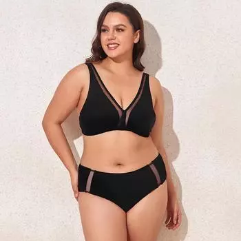 Сплошной черный сетчатый комплект бикини с v-образным вырезом, купальник для женщин, купальник больших размеров, пляжная одежда из двух предметов, купальный костюм