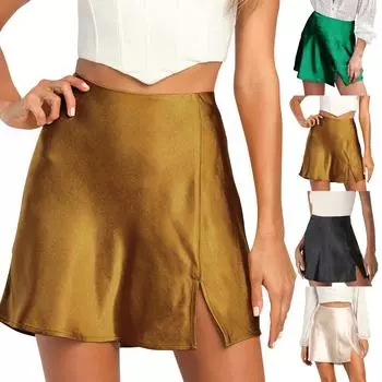 Сплошной цвет атласной эластичной сексуальной юбки с разрезом и высокой талией L армия зеленый