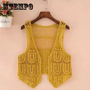 Сплошной цвет, ажурный женский жилет без рукавов, весенне-летний свободный повседневный вязаный жилет One Size оранжевый