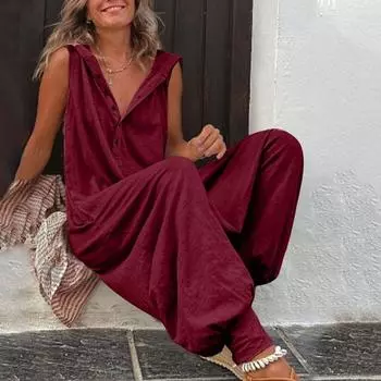 Сплошной цвет без рукавов с V-образным вырезом и пуговицами, свободный детский мягкий женский летний длинный комбинезон с капюшоном M вино красного