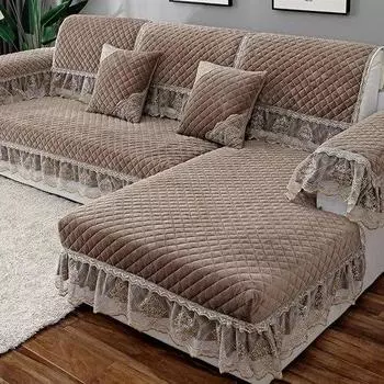 Сплошной цвет, большая юбка, диванный коврик, Роскошный противоскользящий чехол с кружевной кромкой, зимняя плюшевая пылезащитная подушка в европейском стиле, чехол для дивана 40x70cm 3edge 18cm
