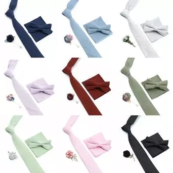 Сплошной цвет, хлопковый галстук, набор для мужчин, галстук, 4 шт., носовой платок, запонки, стразы, цветочная брошь, набор галстуков