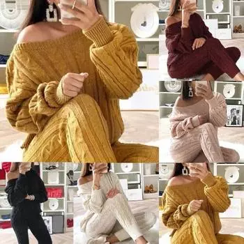 Сплошной цвет, комплект из 2 предметов, свитер на одно плечо, вязаные длинные брюки XXL чёрный