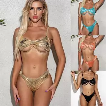Сплошной цвет купальник Европа и США бикини на косточках купальник с бантом сексуальный модный пляжный купальник S золотистый