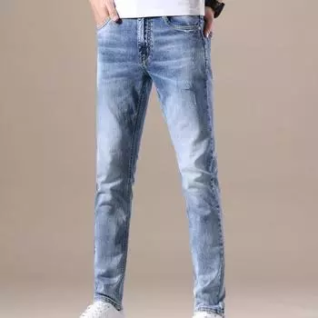 Сплошной цвет, модные мужские повседневные брюки, эластичные джинсы, узкие рабочие брюки, мужские брюки, облегающие джинсы, мужская одежда 28 синий
