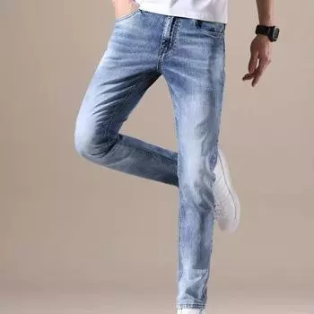 Сплошной цвет, модные мужские повседневные брюки, эластичные джинсы, узкие рабочие брюки, мужские брюки, облегающие джинсы, мужская одежда 28 синий