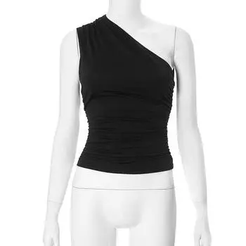 Сплошной цвет на одно плечо, термоусадочная майка с открытой спиной, футболка ярких цветов, облегающий сексуальный топ без рукавов с вырезом, тонкий повседневный топ S чёрный