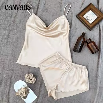 Сплошной цвет, пижамы из ледяного шелка для женщин, тонкие домашние подтяжки, шорты, комплект, сексуальная легкая домашняя одежда из двух предметов S чёрный