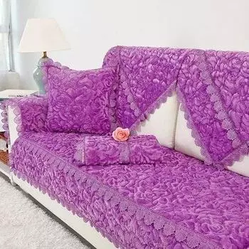 Сплошной цвет плюшевый диванный коврик в европейском стиле, машинная стирка, нескользящий диван с кружевным краем, пыленепроницаемый чехол для дивана, полное покрытие 70x70cm