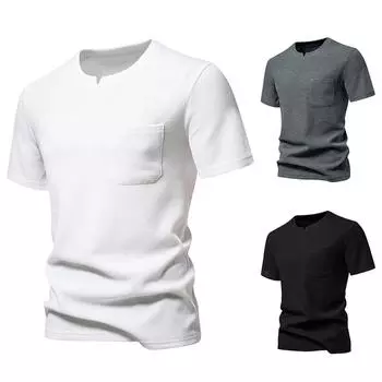 Сплошной цвет, повседневная модная футболка с v-образным вырезом и короткими рукавами для мужского топа L чёрный