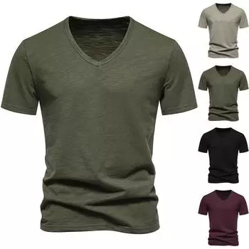 Сплошной цвет, повседневная модная футболка с v-образным вырезом и короткими рукавами для мужского топа L