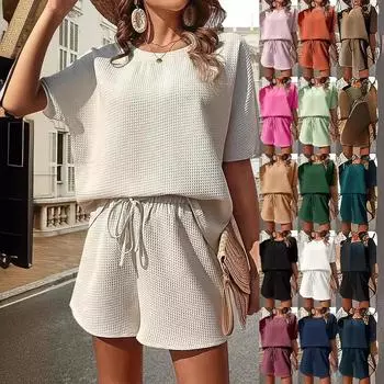 Сплошной цвет, повседневные свободные комплекты с короткими брюками для женщин, элегантный летний женский костюм из двух предметов, полный комплект женской одежды XS белый