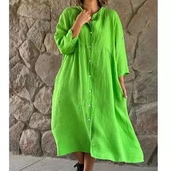 Сплошной цвет, повседневные женские платья больших размеров с воротником-стойкой на пуговицах, хлопковые льняные платья больших размеров, свободное длинное платье-рубашка S зелёный