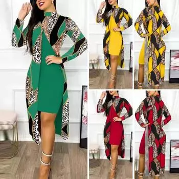 Сплошной цвет Приталенный крой Облегающее платье Геометрический принт Контрастный цвет Длинный рукав С разрезом спереди L жёлтый