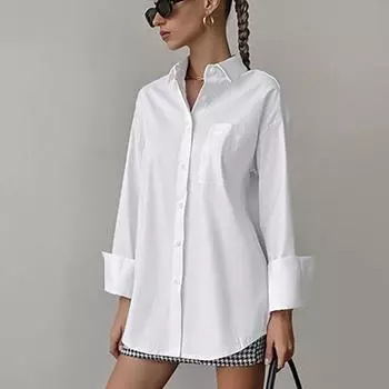 Сплошной цвет, простая модная повседневная свободная одежда, белые рубашки, летняя блузка с отложным воротником, женские топы с длинными рукавами 28686 S белый