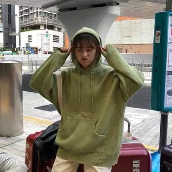 Сплошной цвет простой пуловер свитер женский осень зима свободный с капюшоном дикий свитер XL чёрный