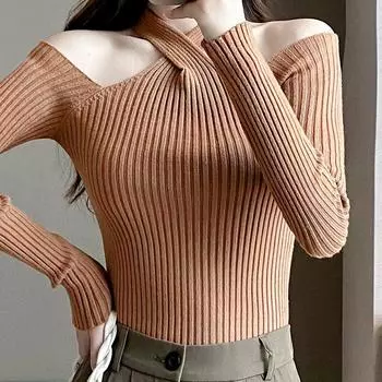 Сплошной цвет, пуловеры с длинными рукавами, вязаные топы, сексуальный свитер с открытыми плечами, женский весенне-осенний свитер с бретелькой на шее, облегающая одежда 28972 One Size чёрный