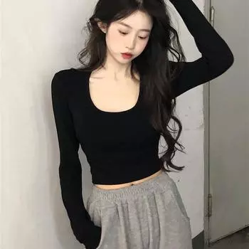 Сплошной цвет с длинным рукавом и U-образным вырезом для женщин, укороченный топ с обнаженной талией M белый