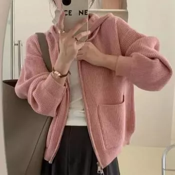 Сплошной цвет с двойной молнией и капюшоном, женский свободный вязаный кардиган, куртка One size белый