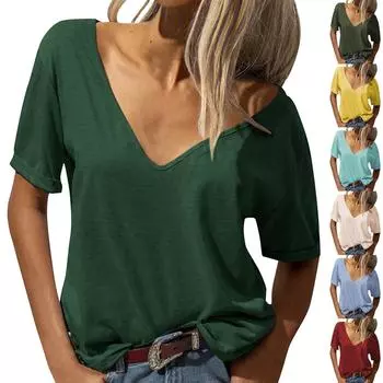 Сплошной цвет с короткими рукавами, свободная модная женская футболка с v-образным вырезом и пуловером