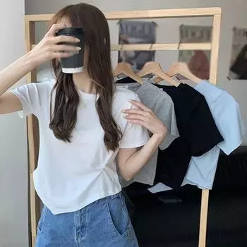 Сплошной цвет с круглым вырезом, асимметричные изломы, повседневные милые футболки с короткими рукавами, топы