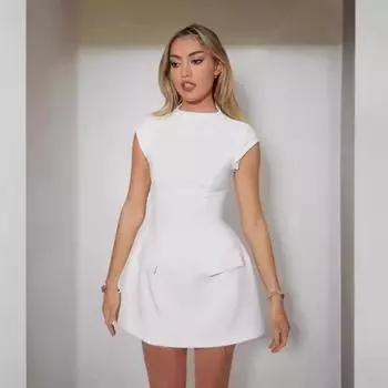 Сплошной цвет с круглым вырезом и карманом на талии, тонкое платье XS белый