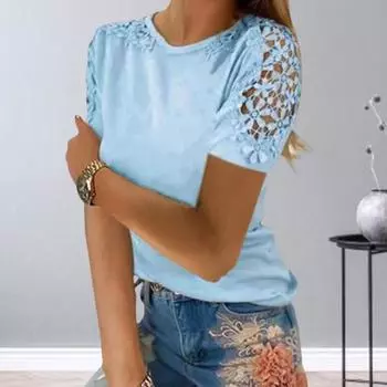 Сплошной цвет с круглым вырезом, свободная женская футболка, кружевная лоскутная футболка с коротким рукавом, топ M синий