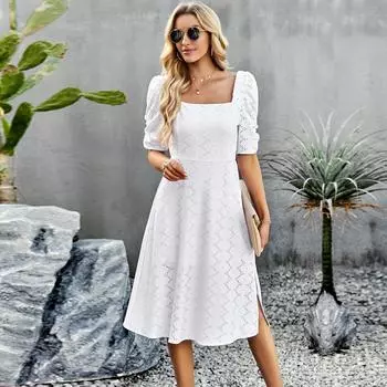 Сплошной цвет с квадратным вырезом женское летнее элегантное длинное платье с коротким рукавом и вырезом S зелёный