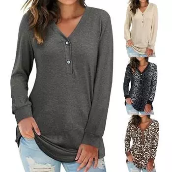 Сплошной цвет с леопардовым принтом женский топ с длинным рукавом и v-образным вырезом, свободная туника 2XL коричневый