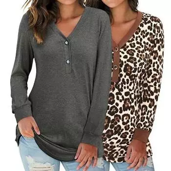Сплошной цвет с леопардовым принтом женский топ с длинным рукавом и v-образным вырезом, свободная туника, блузка, уличная одежда M