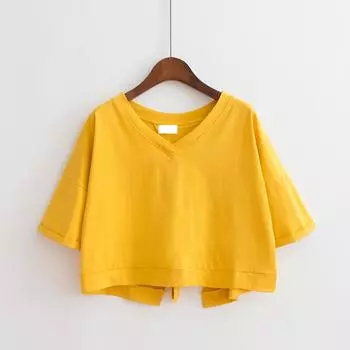 Сплошной цвет с открытой спиной и открытым v-образным вырезом, свободные короткие топы с высокой талией, женская футболка с короткими рукавами на бретельках L чёрный