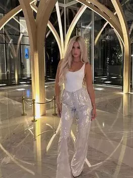 Сплошной цвет с принтом, расклешенные женские брюки, свободные вечерние клубные прямые весенние женские брюки с широкими штанинами M золотистый