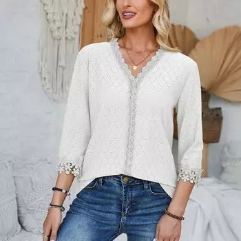 Сплошной цвет с рукавом три четверти и v-образным вырезом, повседневная свободная футболка, топ для женщин S белый