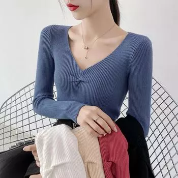 Сплошной цвет с V-образным вырезом и длинными рукавами, тонкий вязаный свитер с внутренней нижней частью, шикарные топы OneSize зелёный