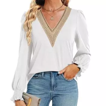 Сплошной цвет с v-образным вырезом, свободный тонкий повседневный топ с длинными рукавами S чёрный