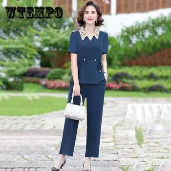 Сплошной цвет шифоновый костюм, летний офисный женский свободный повседневный комплект из двух предметов, рубашка с короткими рукавами + свободные широкие брюки, летние L чёрный