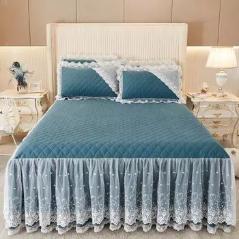 Сплошной цвет, шлифовальная кружевная юбка-кровать, цельное толстое стеганое покрывало, наматрасник, комплект постельного белья из трех предметов 150*200cm 3pcs