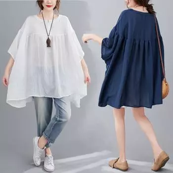 Сплошной цвет, супер свободная тонкая кукла-летучая мышь, рубашка с топом и принтом в стиле пэчворк, с круглым вырезом для женщин, большие размеры One Size белый