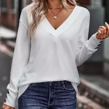 Сплошной цвет, свободная футболка с v-образным вырезом и длинными рукавами, топ на пуговицах S чёрный