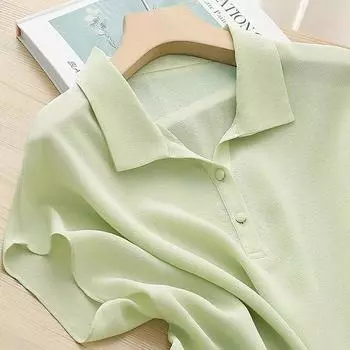 Сплошной цвет, свободная простая одежда, женская блузка, летние шелковые топы, элегантная офисная женская рубашка поло с короткими рукавами, Blusas 27817 M зелёный