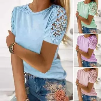Сплошной цвет, свободная женская футболка с круглым вырезом, кружевная лоскутная рубашка M синий