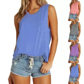 Сплошной цвет, универсальная футболка без рукавов на подтяжках, сексуальная наружная футболка с круглым вырезом, топ L синий