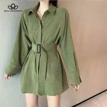 Сплошной цвет вельветовая женская рубашка с поясом, топ, повседневная весенняя женская рубашка, топы, свободные женские блузки S чёрный